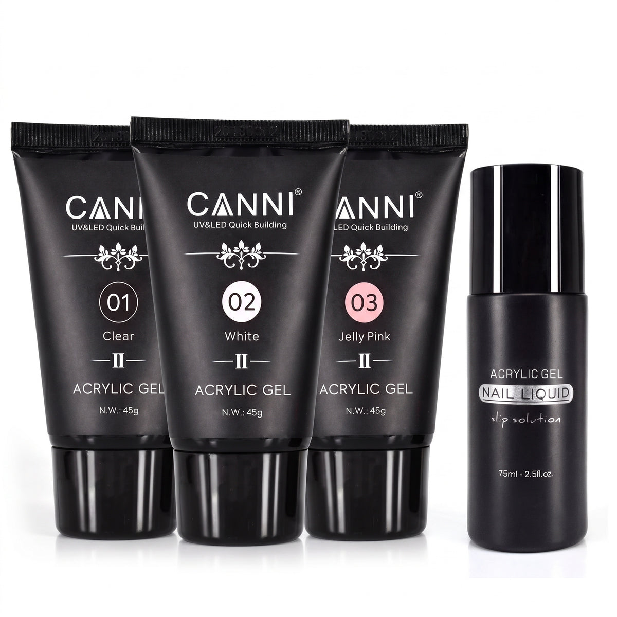 CANNI HEMA & TPO Free akrylgél (polygél) sada 01–03 – 3 × 45 g + Nail Liquid 75 ml ZADARMO