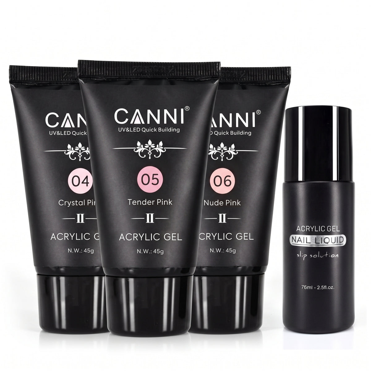 CANNI HEMA & TPO Free akrylgél (polygél) sada 04–06 – 3 × 45 g + Nail Liquid 75 ml ZADARMO