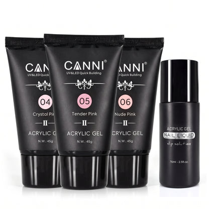 CANNI HEMA & TPO Free akrylgél (polygél) sada 04–06 – 3 × 45 g + Nail Liquid 75 ml ZADARMO