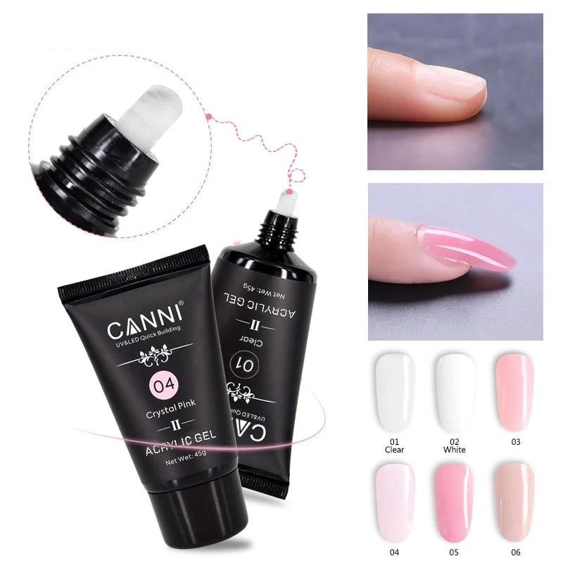 CANNI HEMA & TPO Free akrylgél (polygél) sada 6 × 45 g + 2× Nail Liquid 75 ml ZADARMO