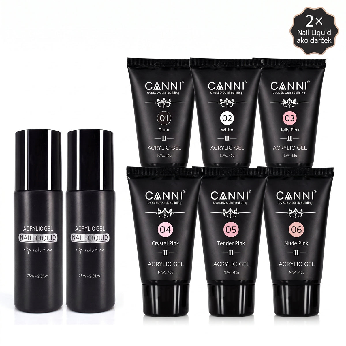 CANNI HEMA & TPO Free akrylgél (polygél) sada 6 × 45 g + 2× Nail Liquid 75 ml ZADARMO