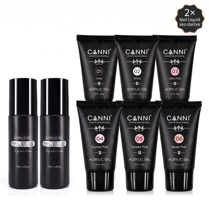 CANNI HEMA & TPO Free akrylgél (polygél) sada 6 × 45 g + 2× Nail Liquid 75 ml ZADARMO