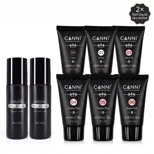 CANNI HEMA & TPO Free akrylgél (polygél) sada 6 × 45 g + 2× Nail Liquid 75 ml ZADARMO